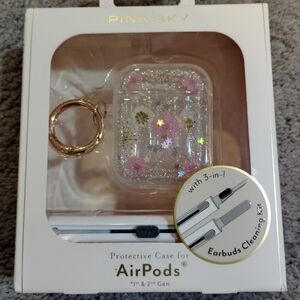 Pink Sky Floral Glitter AirPods Case with Cleaning Kit